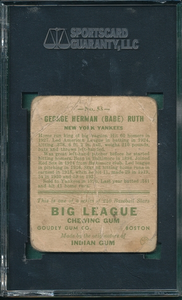 1933 #53 Goudey Babe Ruth SGC 10