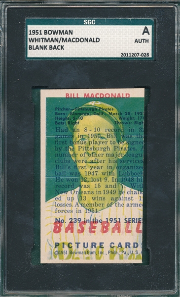 1951 Bowman Whitman/MacDonald, Blank Back SGC Authentic
