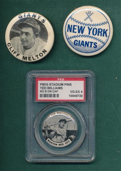 1950s Lot of (3) Buttons W/ PM10 Ted Williams PSA