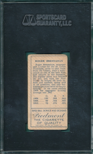 1911 T205 Bresnahan, Mouth Closed, Piedmont Cigarettes SGC 40