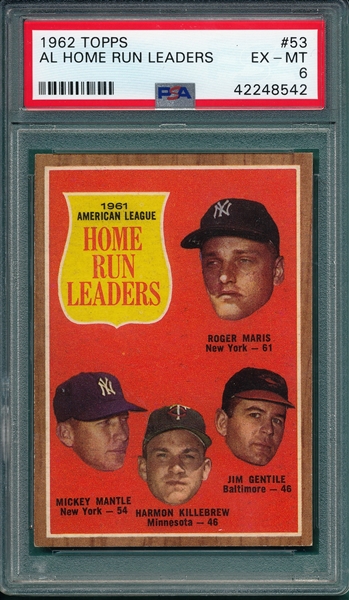1962 Topps #53 AL Home Run Leaders W/ Maris & Mantle PSA 6