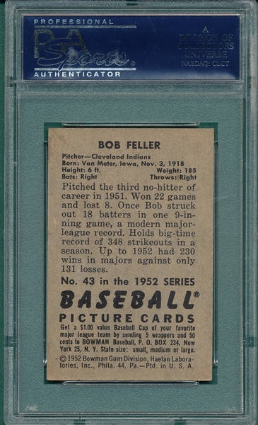 1952 Bowman #43 Bob Feller PSA 8