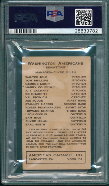 1922 E120-240 Walter Johnson American Caramel Co. PSA 2