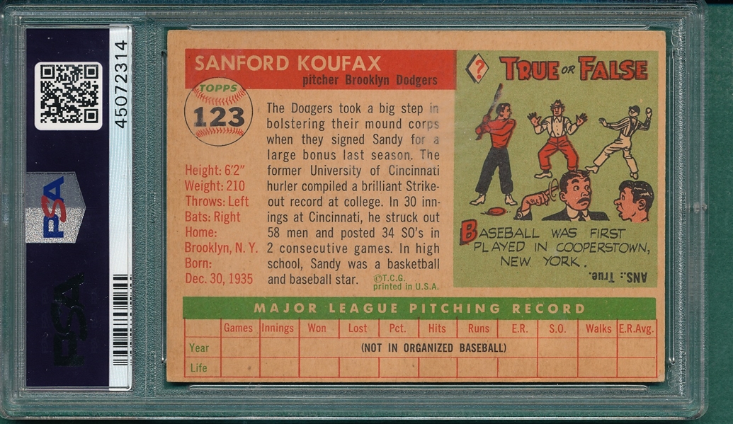 1955 Topps #123 Sandy Koufax PSA 5 *Rookie*