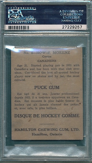 1933 V288 Hamilton Gum #8 Howie Morenz PSA 2