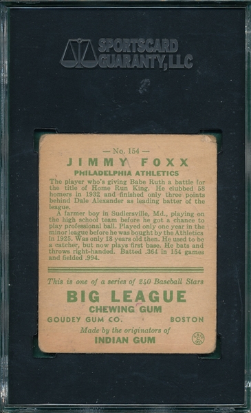 1933 Goudey #154 Jimmy Foxx SGC 35