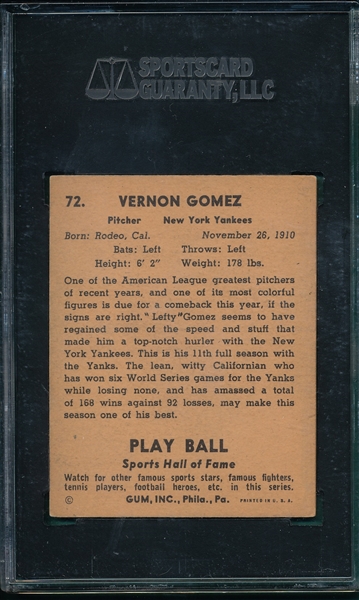 1941 Play Ball #72 Lefty Gomez SGC 60