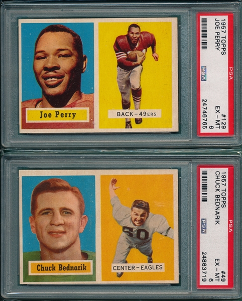 1957 Topps FB #49 Bednarik & #129 Perry, Lot of (2), PSA 6