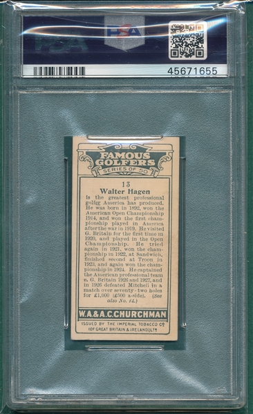 1927 W.A. & A.C. Churchman #13 Walter Hagen, Famous Golfers, Small, PSA 6