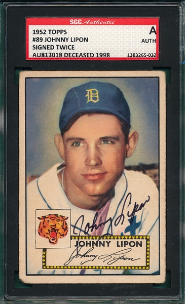 1952 Topps #89 Johnny Lipon, Signed, SGC Certified *Signed Twice*
