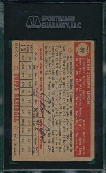 1952 Topps #89 Johnny Lipon, Signed, SGC Certified *Signed Twice*