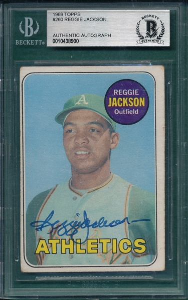 1969 Topps #260 Reggie Jackson, Signed, Becket Authentic *Rookie*
