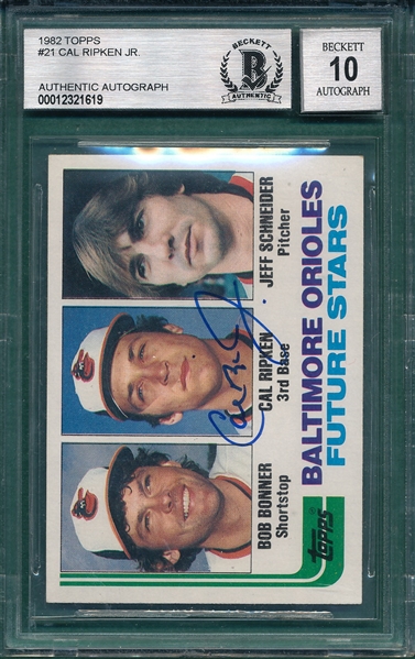 1982 Topps #21 Cal Ripken Jr., Signed, Becket Authentic, 10, *Rookie*