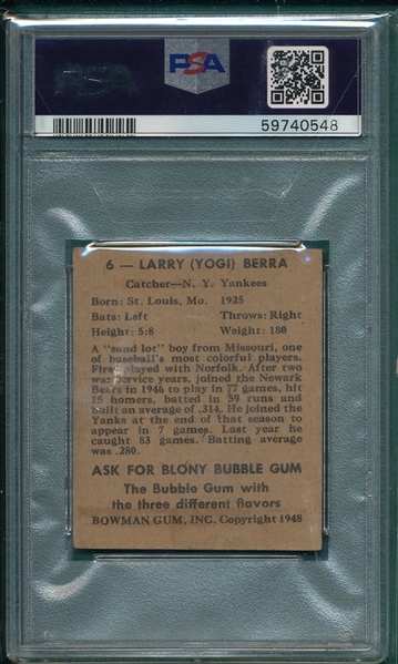 1948 Bowman #6 Yogi Berra, PSA 4 *Rookie* 