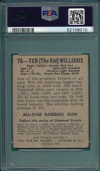 1948 Leaf #76 Ted Williams PSA 2.5 *Presents Better*