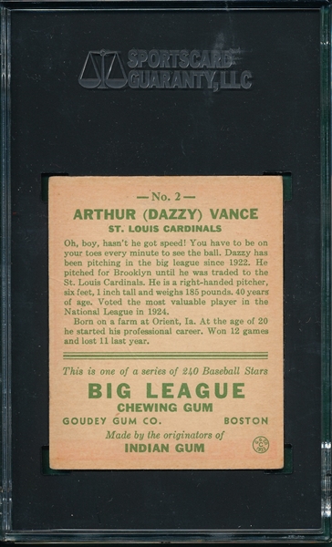1933 Goudey #2 Dazzy Vance SGC 1.5