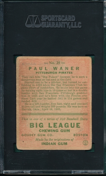 1933 Goudey #25 Paul Waner SGC 1.5