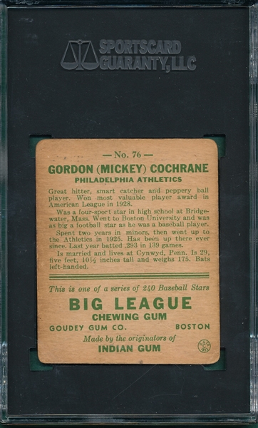 1933 Goudey #76 Mickey Cochrane SGC 2.5