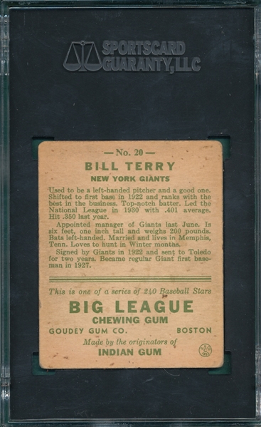 1933 Goudey #20 Bill Terry SGC 2.5