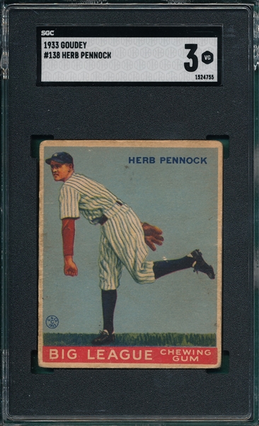 1933 Goudey #138 Herb Pennock SGC 3