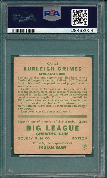 1933 Goudey #64 Burleigh Grimes PSA 2