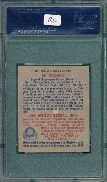 1949 Bowman #104 Ed Stanky PSA 8 
