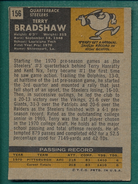 1971 Topps FB #156 Terry Bradshaw, Rookie