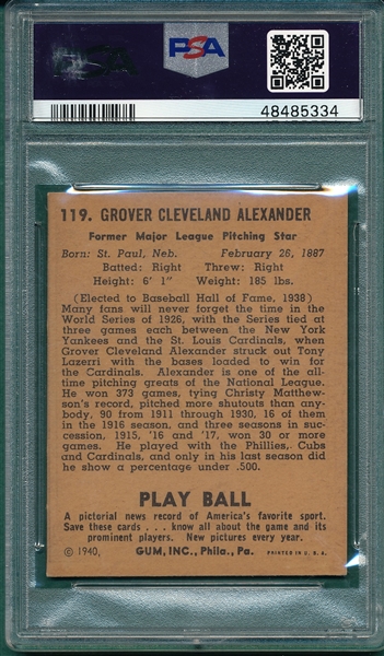 1940 Play Ball #119 Ol Pete Alexander PSA 4