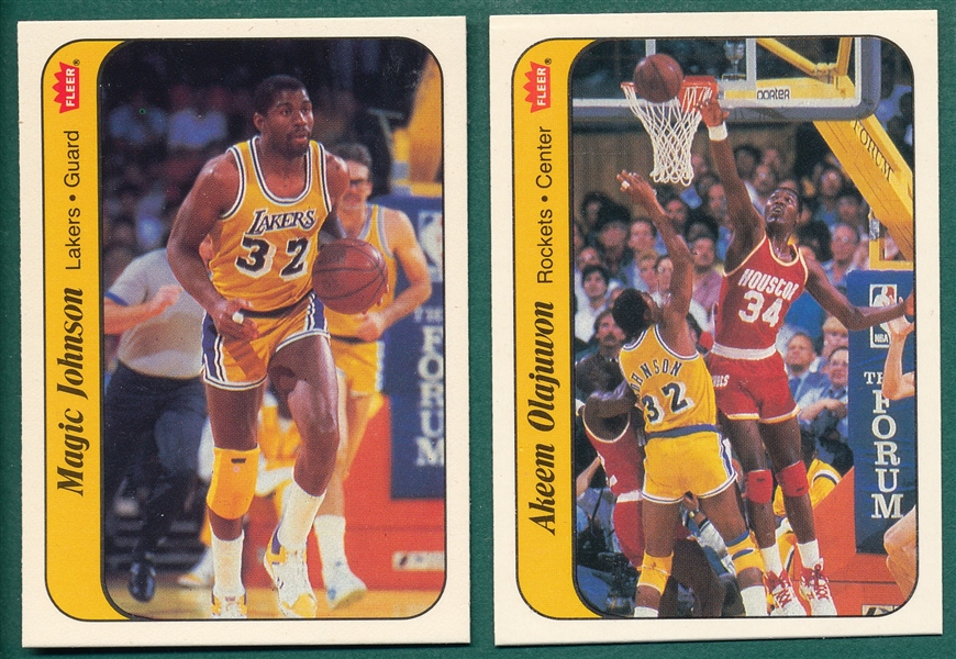 1986 Fleer BSKT Stickers #7 Magic & #9 Olajuwon, Rookie, Lot of (2)