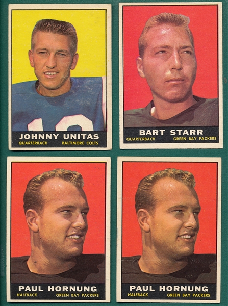 1961 Topps Football Hornung (2), Starr & Unitas, Lot of (4) 