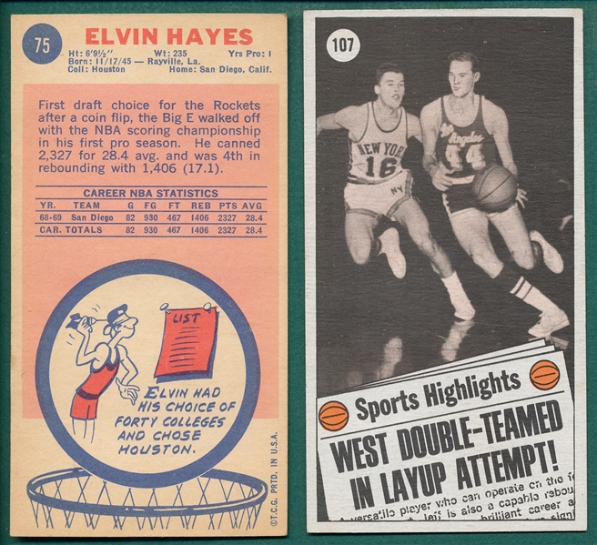 1969 Topps Basketball #75 Elvin Hayes, Rookie, & 1970 #107 Jerry West, AS, Lot of (2)