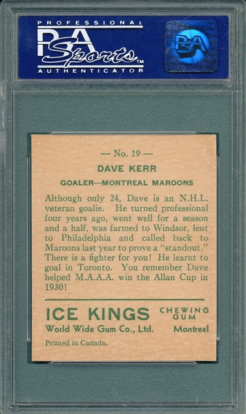 1933 World Wide Ice Kings #19 Dave Kerr PSA 8 (OC)
