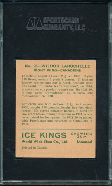 1933 World Wide Ice Kings #28 Wildor Larochelle SGC 80