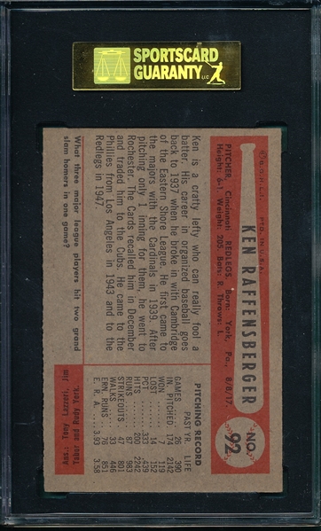 1954 Bowman #92 Ken Raffensberger SGC 88