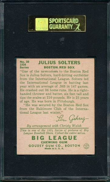 1934 Goudey #30 Julius Solters  SGC 70