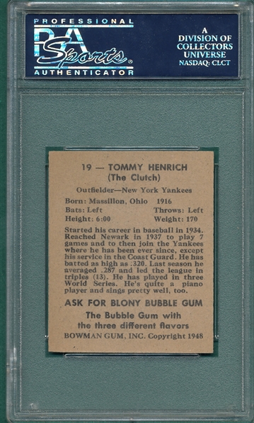 1948 Bowman #19 Tommy Henrich PSA 8