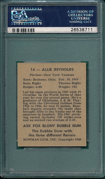 1948 Bowman #14 Allie Reynolds PSA 7 