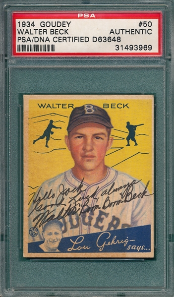 1934 Goudey #50 Walter Beck PSA/DNA Authentic *Signed*