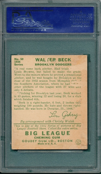 1934 Goudey #50 Walter Beck PSA/DNA Authentic *Signed*