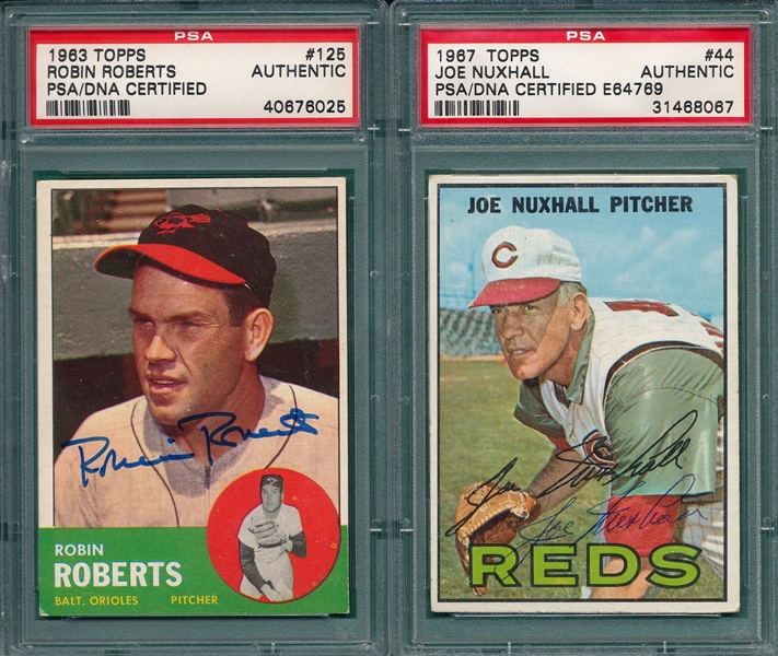 1963 Topps #125 Roberts & 1967 Topps #44 Nuxhall, Lot of (2), PSA Authentic *Signed*