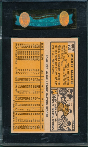 1963 Topps #200 Mickey Mantle SGC 80