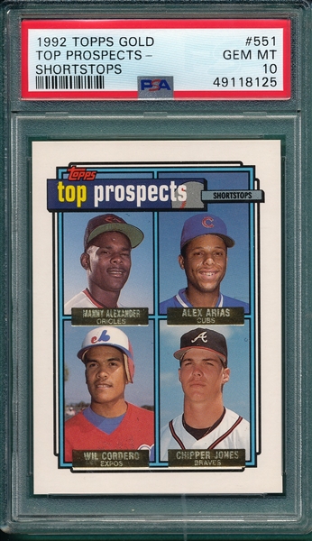 1992 Topps Gold #551 Top Prospects - Shortstops, Chipper Jones, PSA 10 *Rookie*