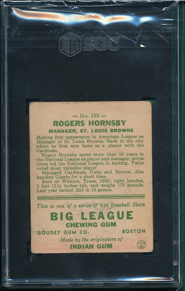 1933 Goudey #188 Rogers Hornsby SGC 2.5