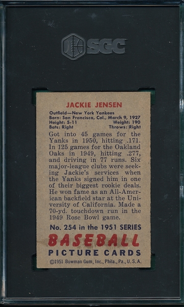 1951 Bowman #254 Jackie Jensen SGC 4 *Rookie*