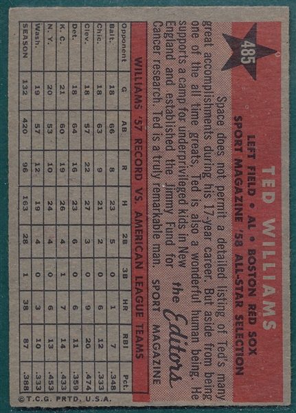 1958 Topps #485 Ted Williams, All Star