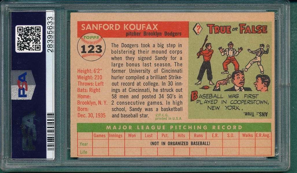 1955 Topps #123 Sandy Koufax PSA 6 *Rookie*
