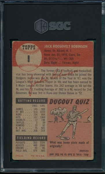 1953 Topps #1 Jackie Robinson SGC 3