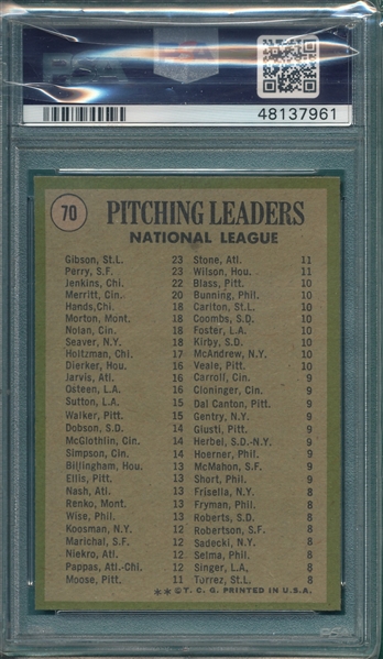 1971 Topps #70 NL Pitching Leaders PSA 8