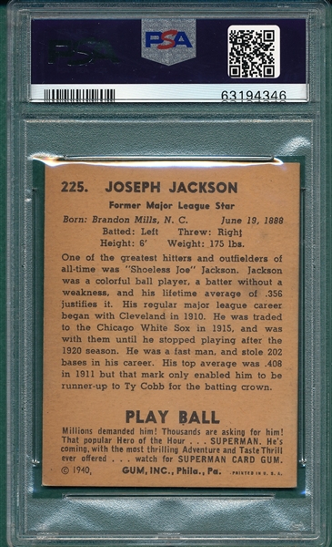1940 Play Ball #225 Shoeless Joe Jackson PSA 5