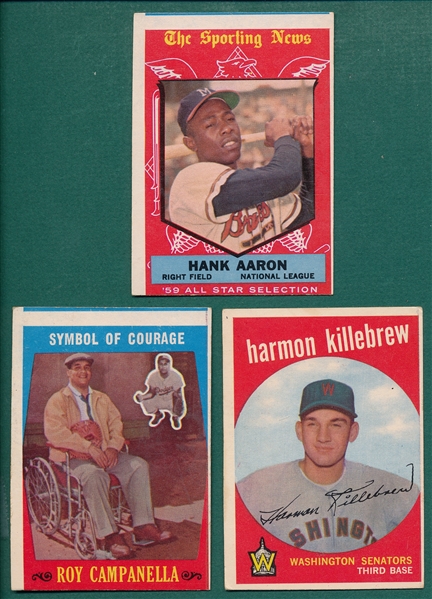 1959 Topps #515 Killebrew, #550 Campanella & #561 Aaron, AS, Lot of (3) *Hi #*